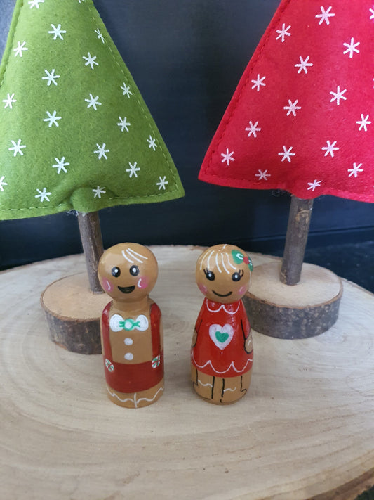 Christmas Gingerbread Man and Woman Wooden Peg Doll Set