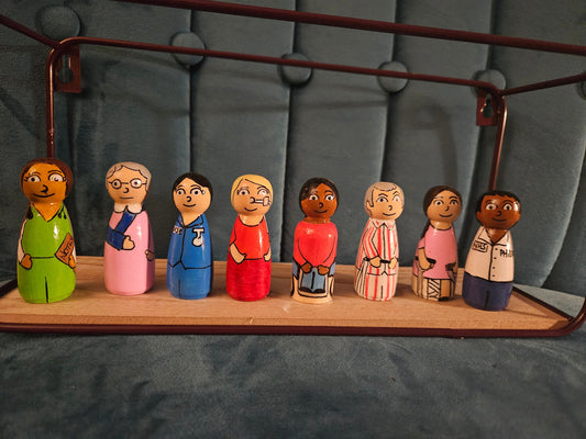 Hospital set of peg dolls featuring drs,nurse and patients