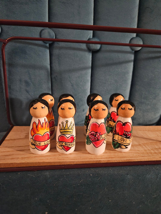 Valentine's tattoo style peg dolls
