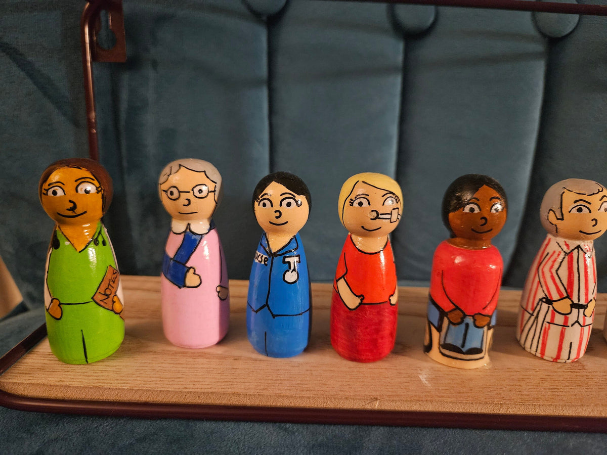 Hospital set of peg dolls featuring drs,nurse and patients