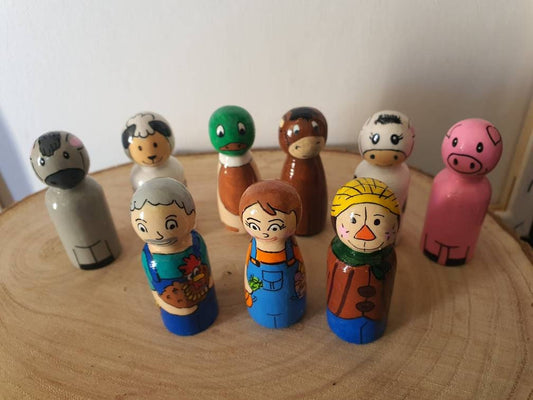 Farm Wooden Peg Doll Set - 9 Piece Set