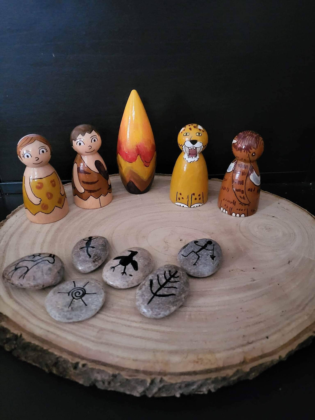 Stone Age Caveman Wooden Peg Doll Set with Cave Painting Pebbles